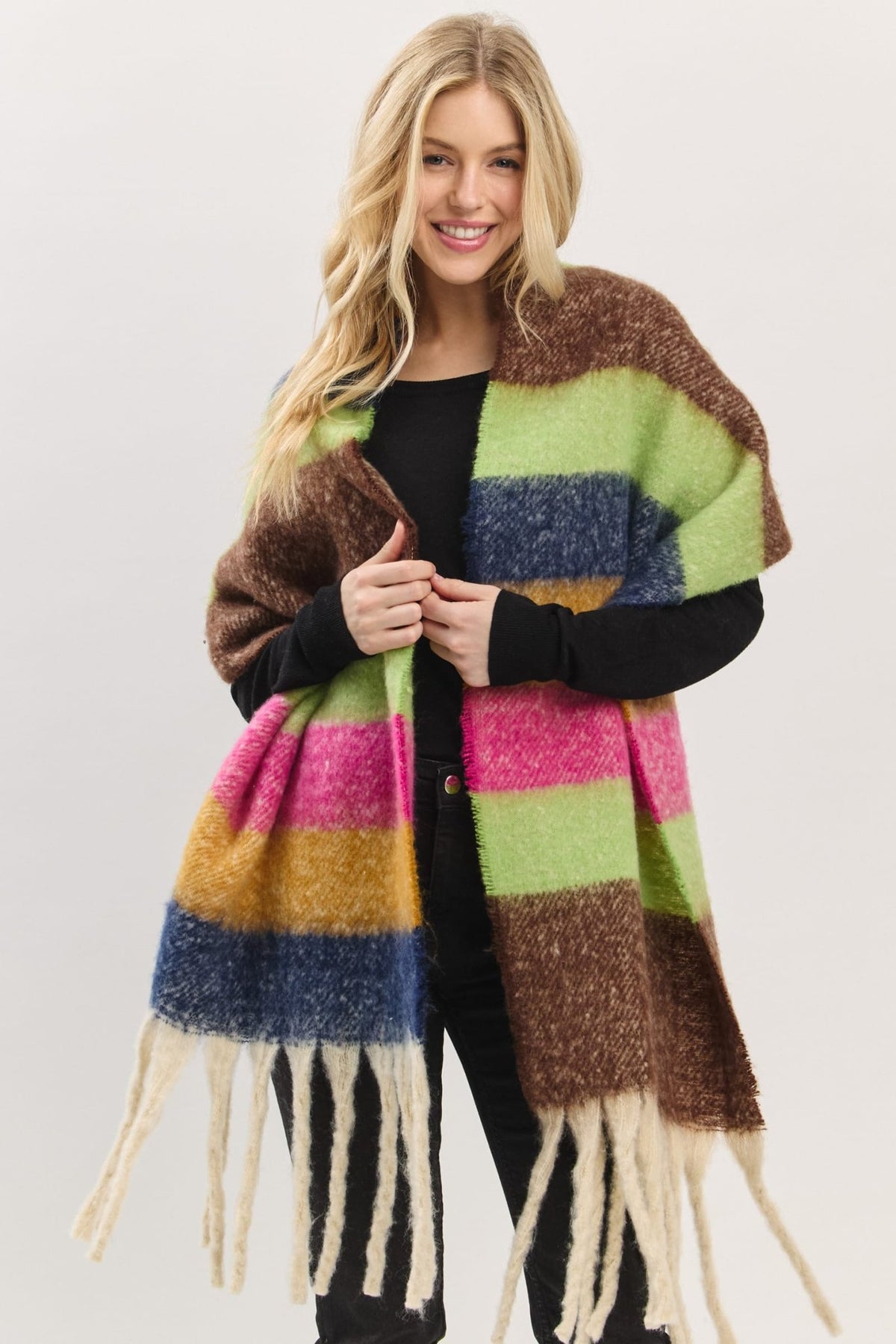 MS0451 Multi Color Striped Brushed Fringe Scarf - MiMi Wholesale