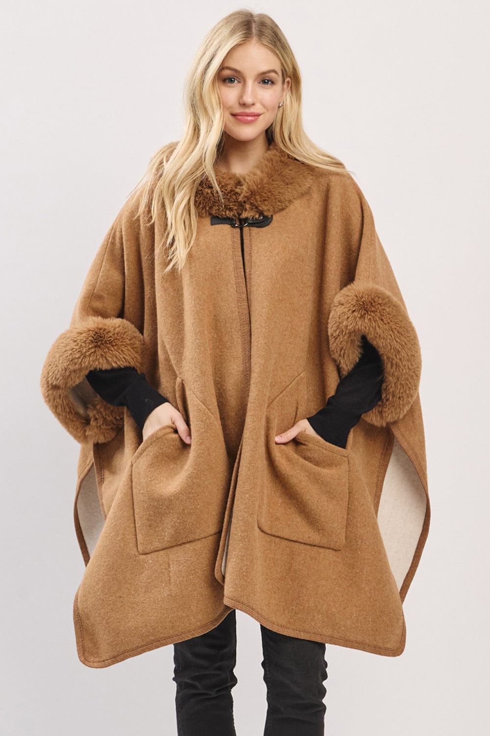 MS0454 Cape With Faux Fur Trim and Toggle Closure - MiMi Wholesale