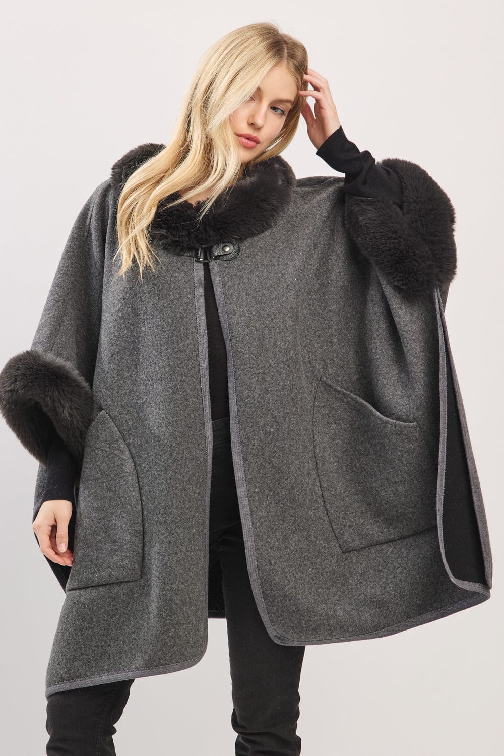 MS0454 Cape With Faux Fur Trim and Toggle Closure - MiMi Wholesale