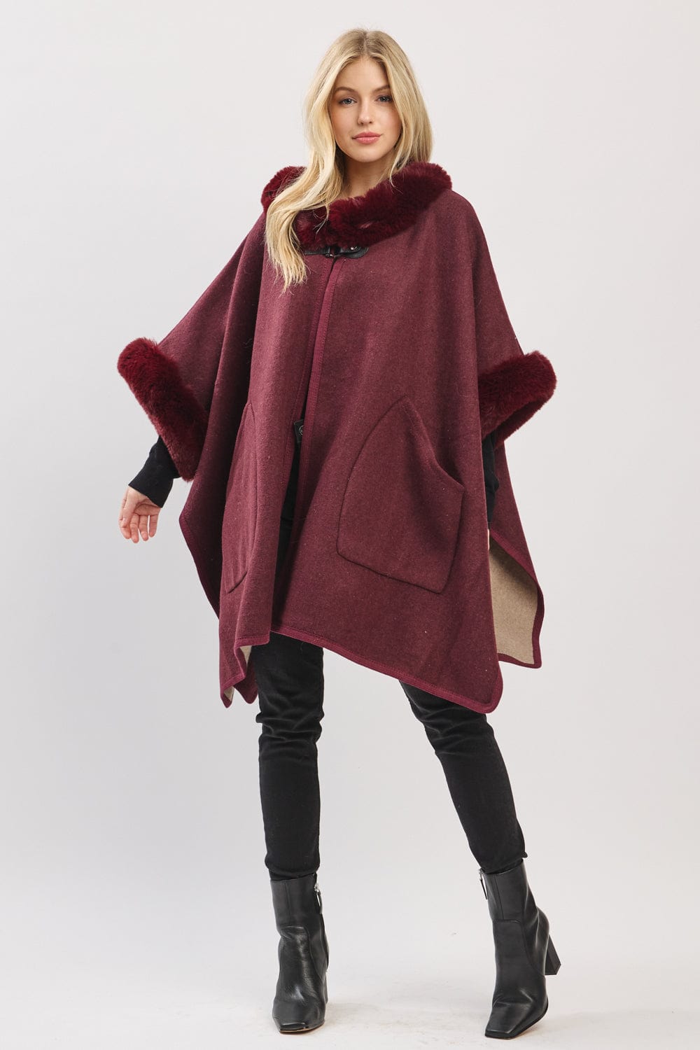 MS0454 Cape With Faux Fur Trim and Toggle Closure - MiMi Wholesale