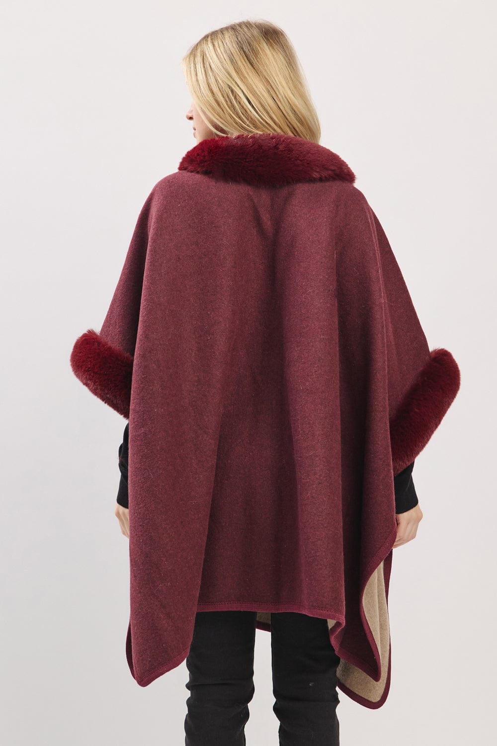 MS0454 Cape With Faux Fur Trim and Toggle Closure - MiMi Wholesale