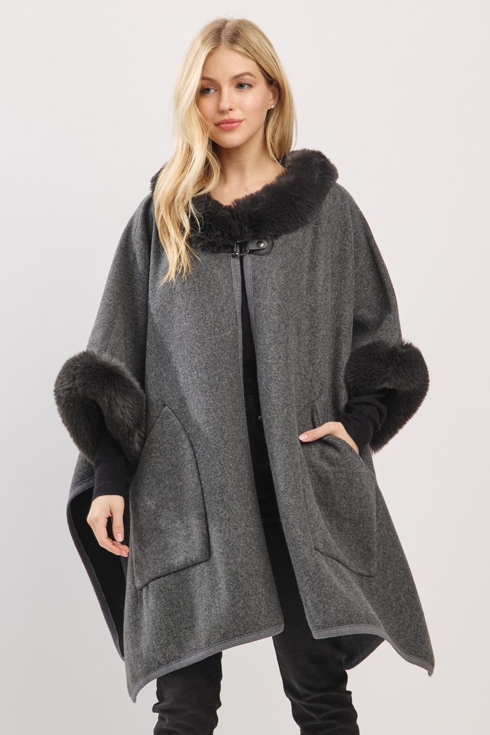 MS0454 Cape With Faux Fur Trim and Toggle Closure - MiMi Wholesale