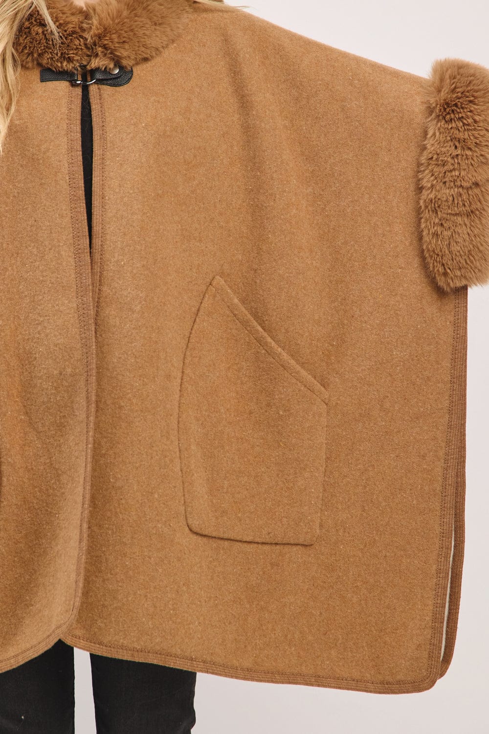 MS0454 Cape With Faux Fur Trim and Toggle Closure - MiMi Wholesale