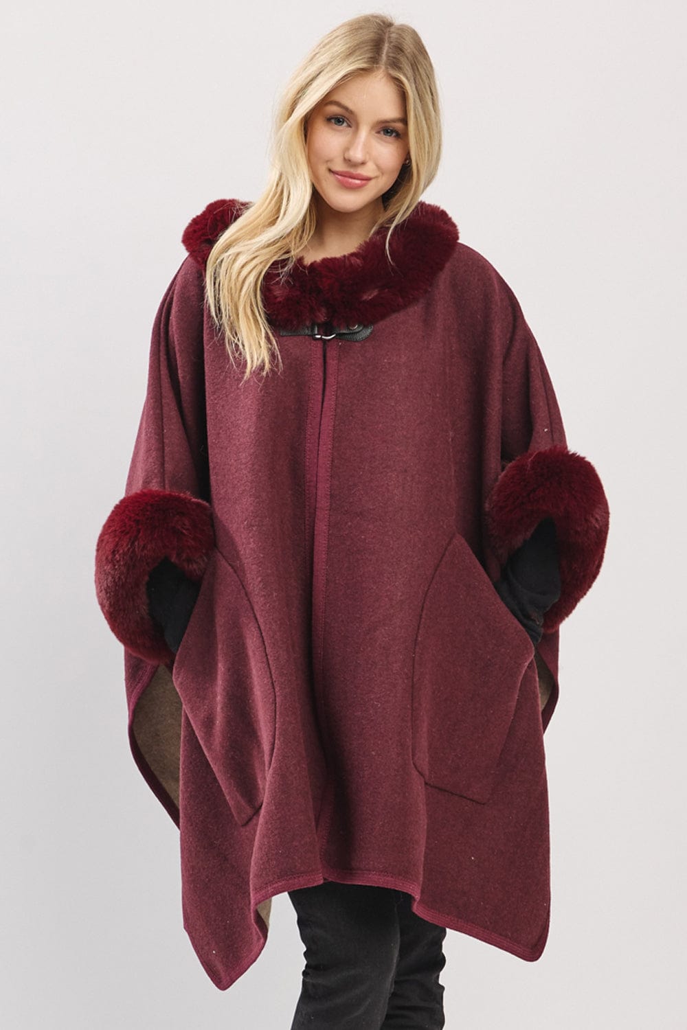 MS0454 Cape With Faux Fur Trim and Toggle Closure - MiMi Wholesale