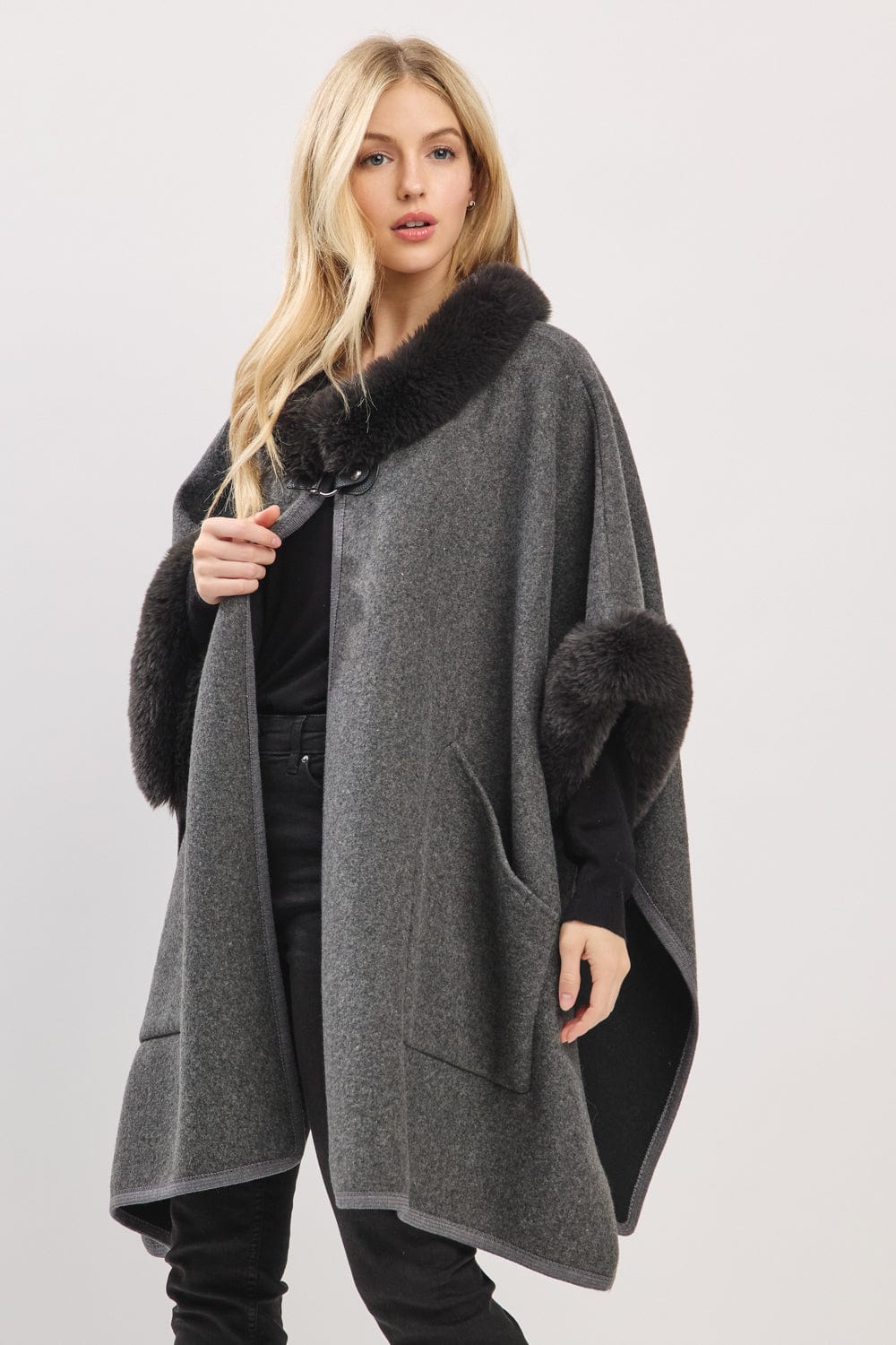 MS0454 Cape With Faux Fur Trim and Toggle Closure - MiMi Wholesale