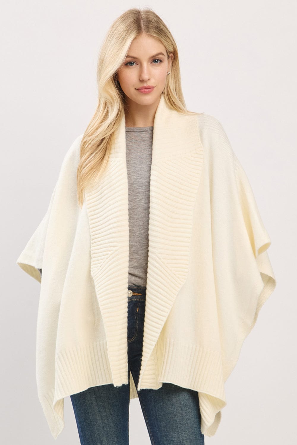 MS0455 Soft Knit Open Front Shawl With Ribbed Trim - MiMi Wholesale