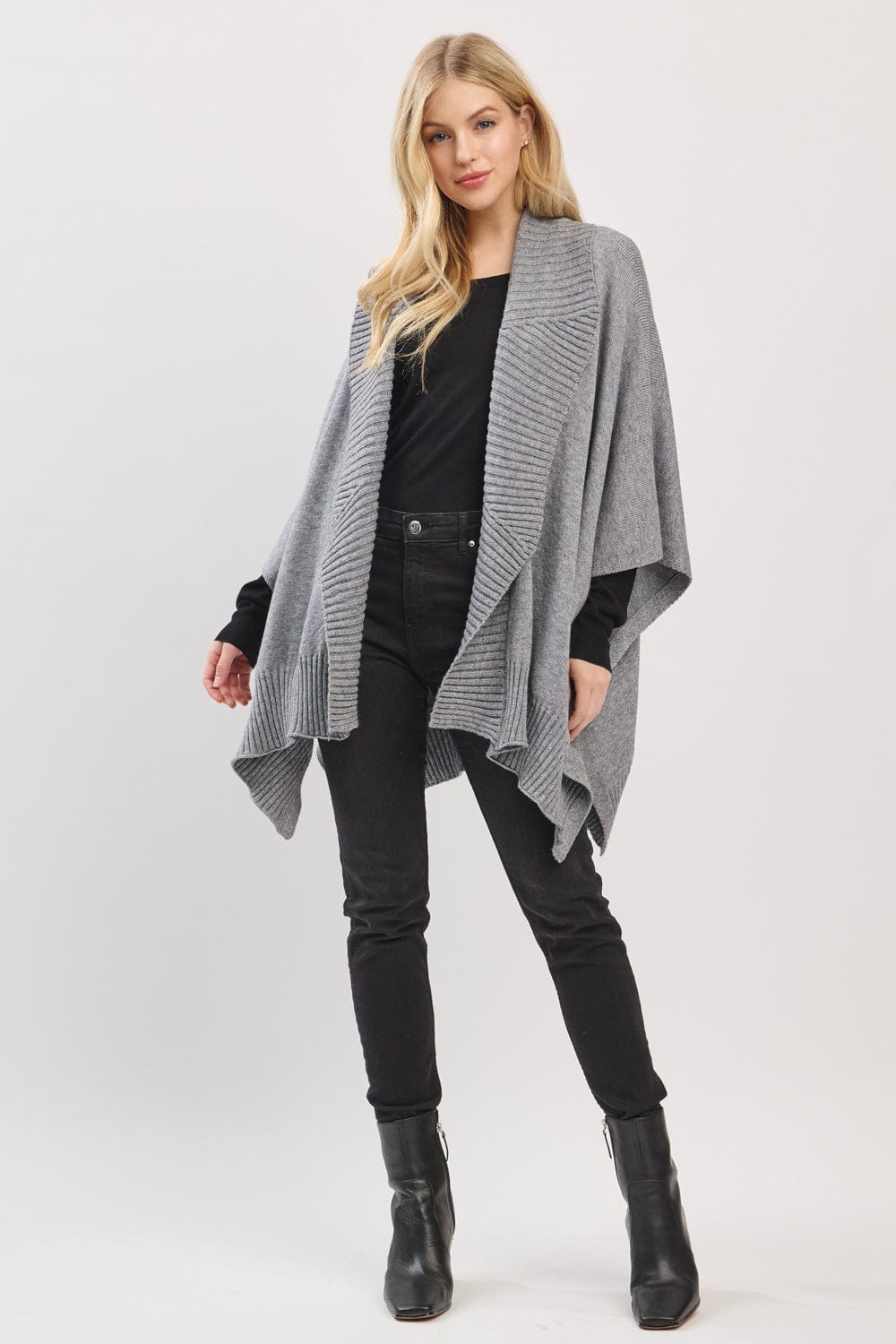 MS0455 Soft Knit Open Front Shawl With Ribbed Trim - MiMi Wholesale