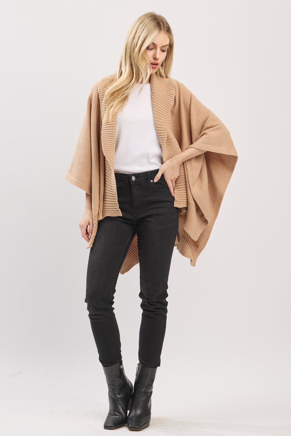 MS0455 Soft Knit Open Front Shawl With Ribbed Trim - MiMi Wholesale