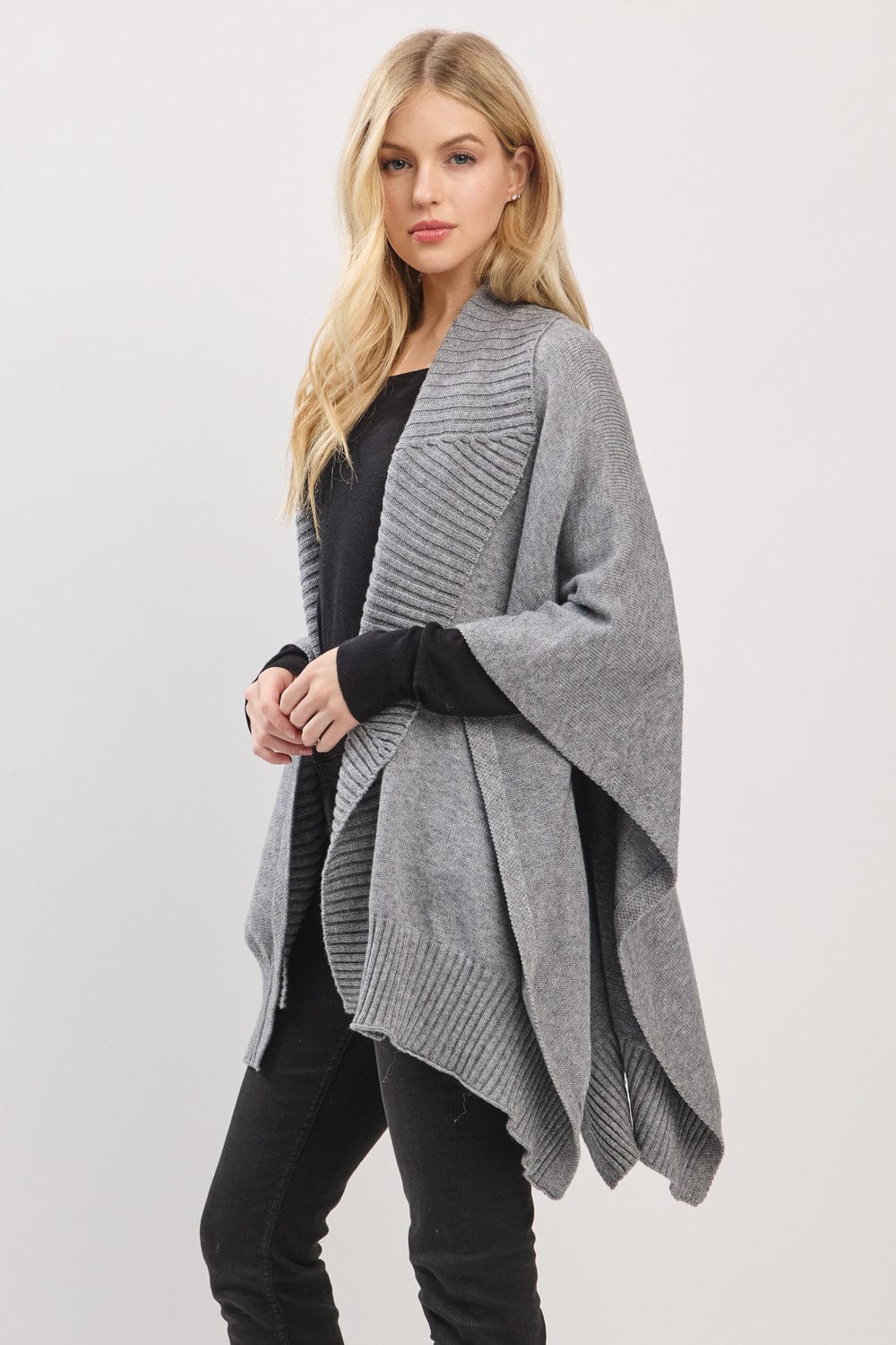 MS0455 Soft Knit Open Front Shawl With Ribbed Trim - MiMi Wholesale