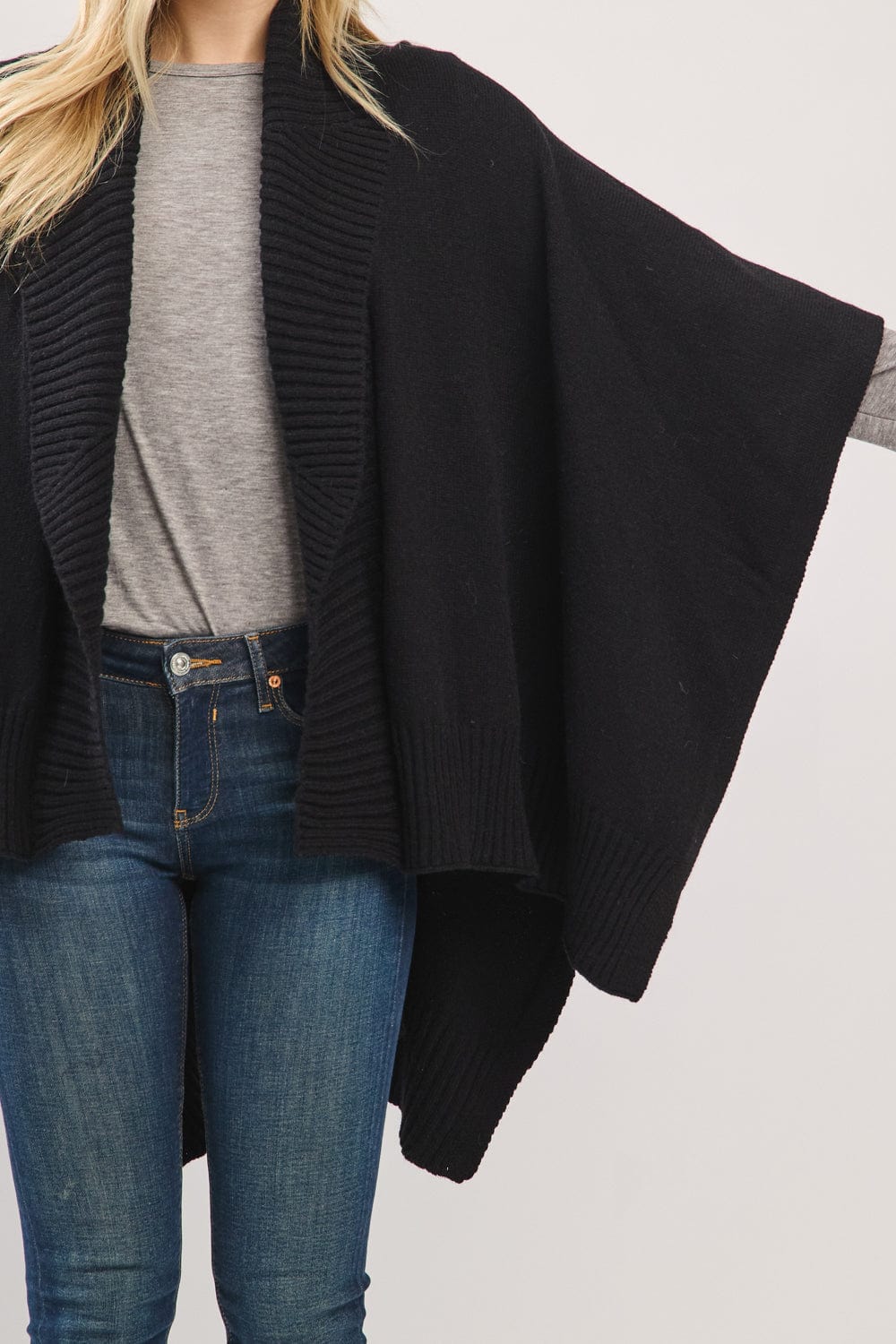 MS0455 Soft Knit Open Front Shawl With Ribbed Trim - MiMi Wholesale