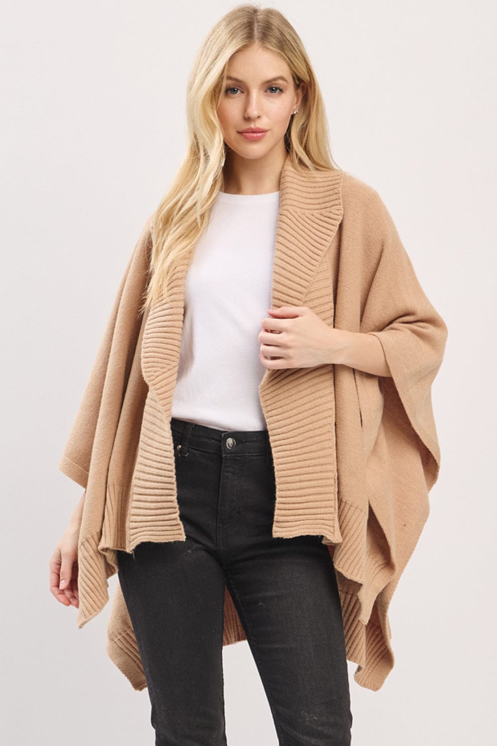 MS0455 Soft Knit Open Front Shawl With Ribbed Trim - MiMi Wholesale