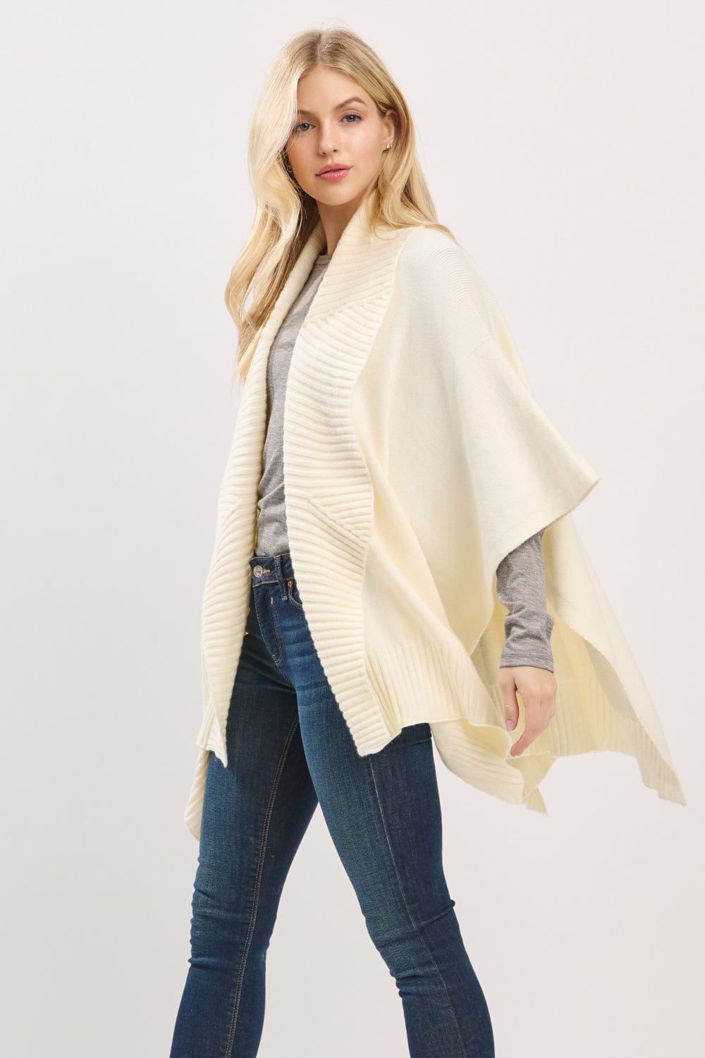 MS0455 Soft Knit Open Front Shawl With Ribbed Trim - MiMi Wholesale