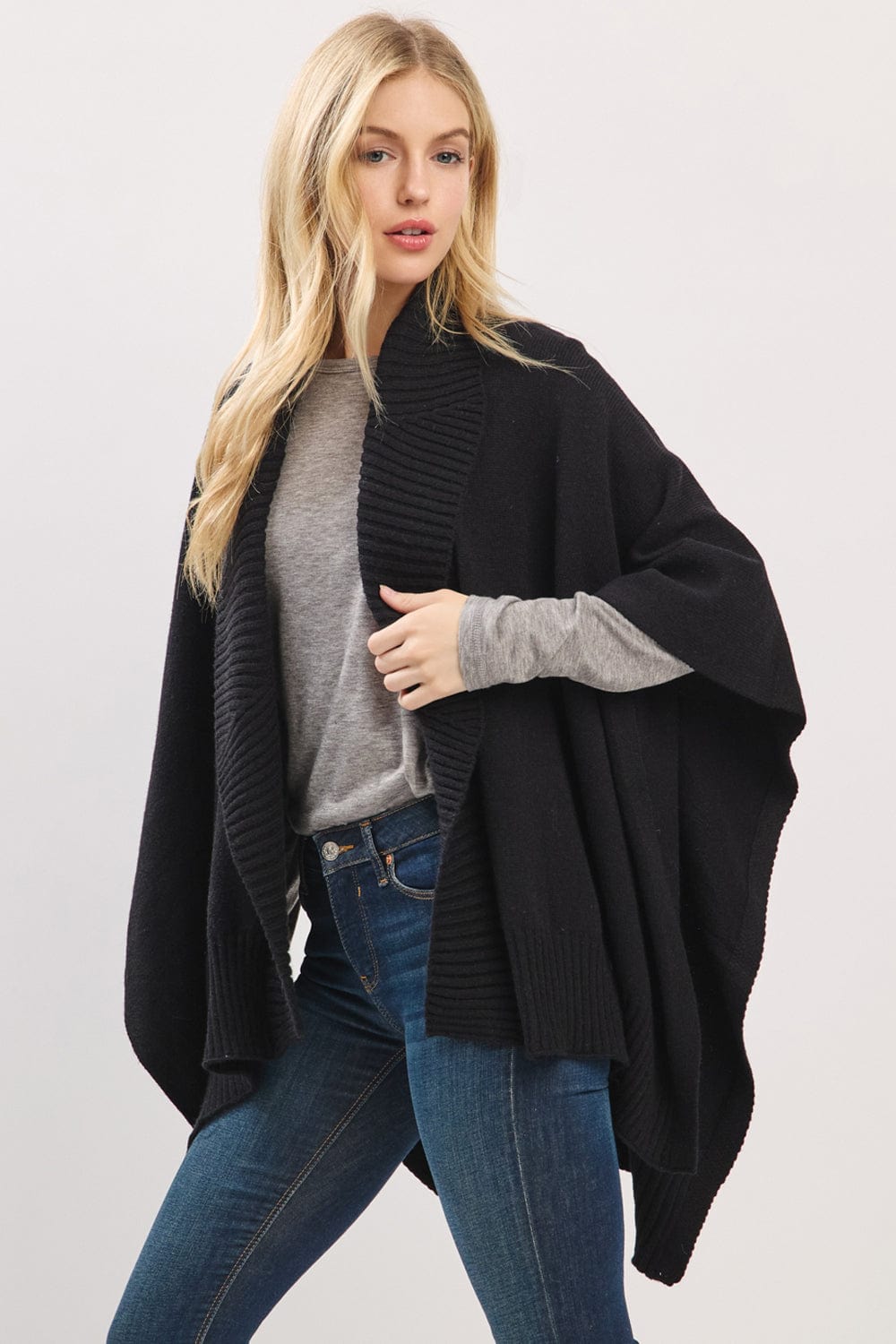 MS0455 Soft Knit Open Front Shawl With Ribbed Trim - MiMi Wholesale