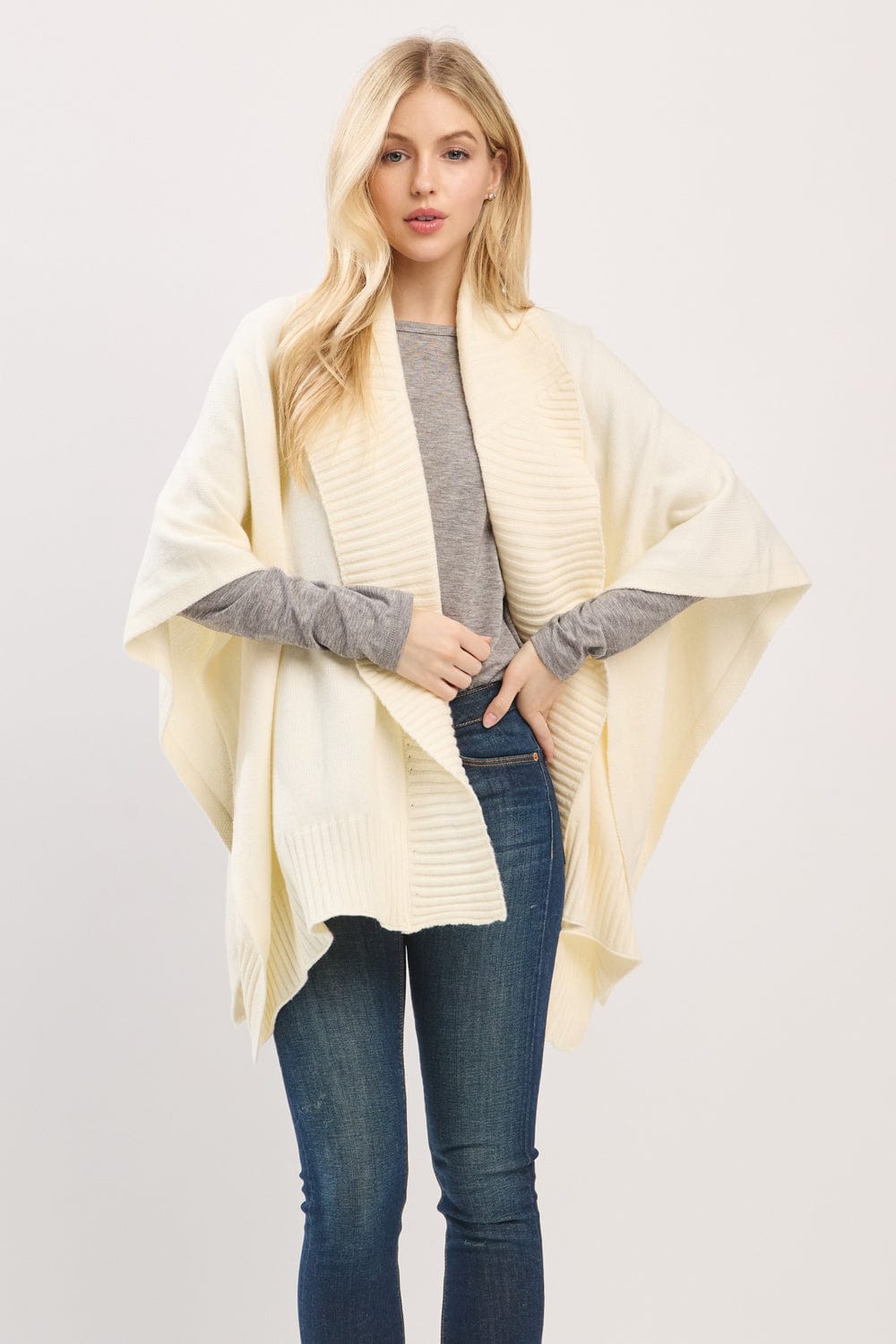 MS0455 Soft Knit Open Front Shawl With Ribbed Trim - MiMi Wholesale