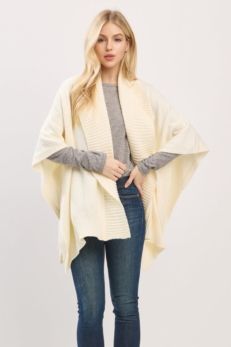 MS0455 Soft Knit Open Front Shawl With Ribbed Trim - MiMi Wholesale