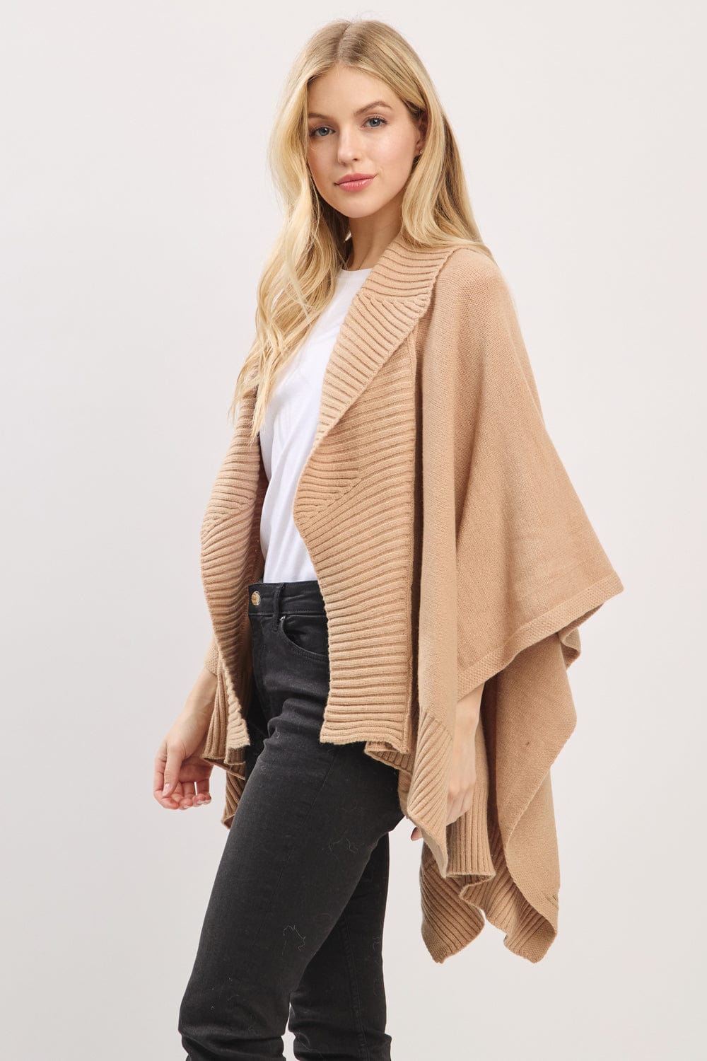 MS0455 Soft Knit Open Front Shawl With Ribbed Trim - MiMi Wholesale