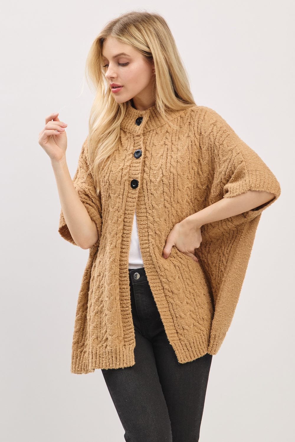 MS0463 Cable Knit Button Up Cape - MiMi Wholesale