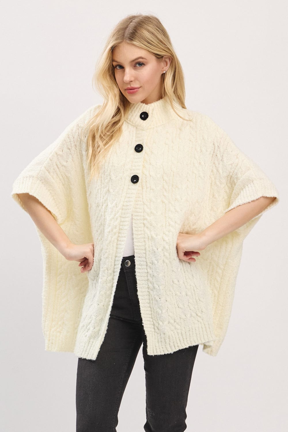MS0463 Cable Knit Button Up Cape - MiMi Wholesale
