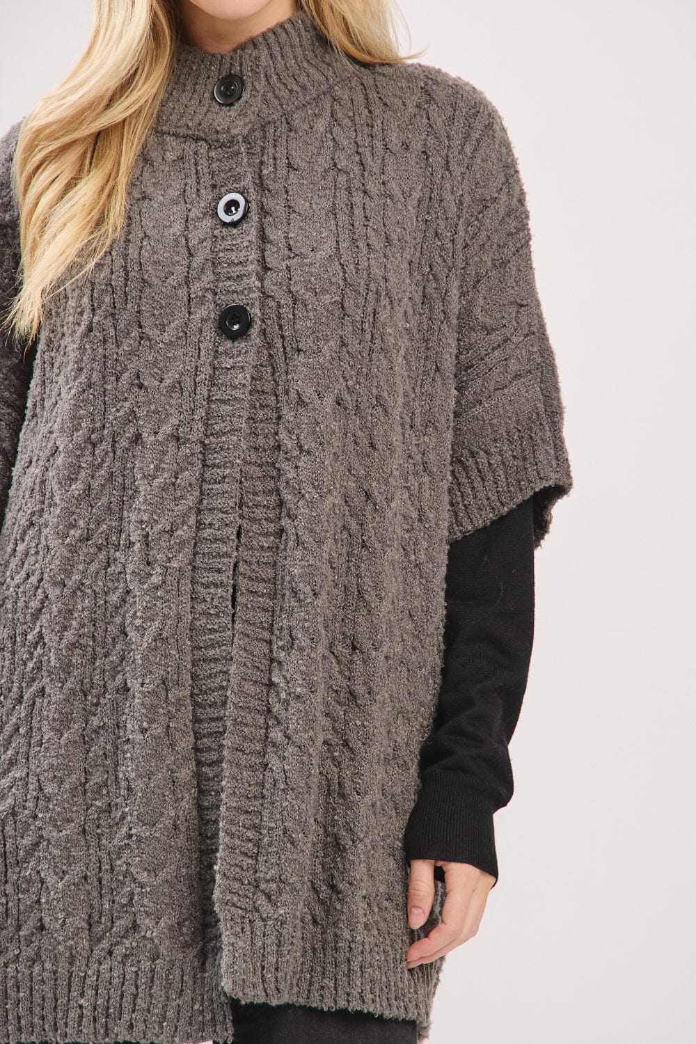MS0463 Cable Knit Button Up Cape - MiMi Wholesale