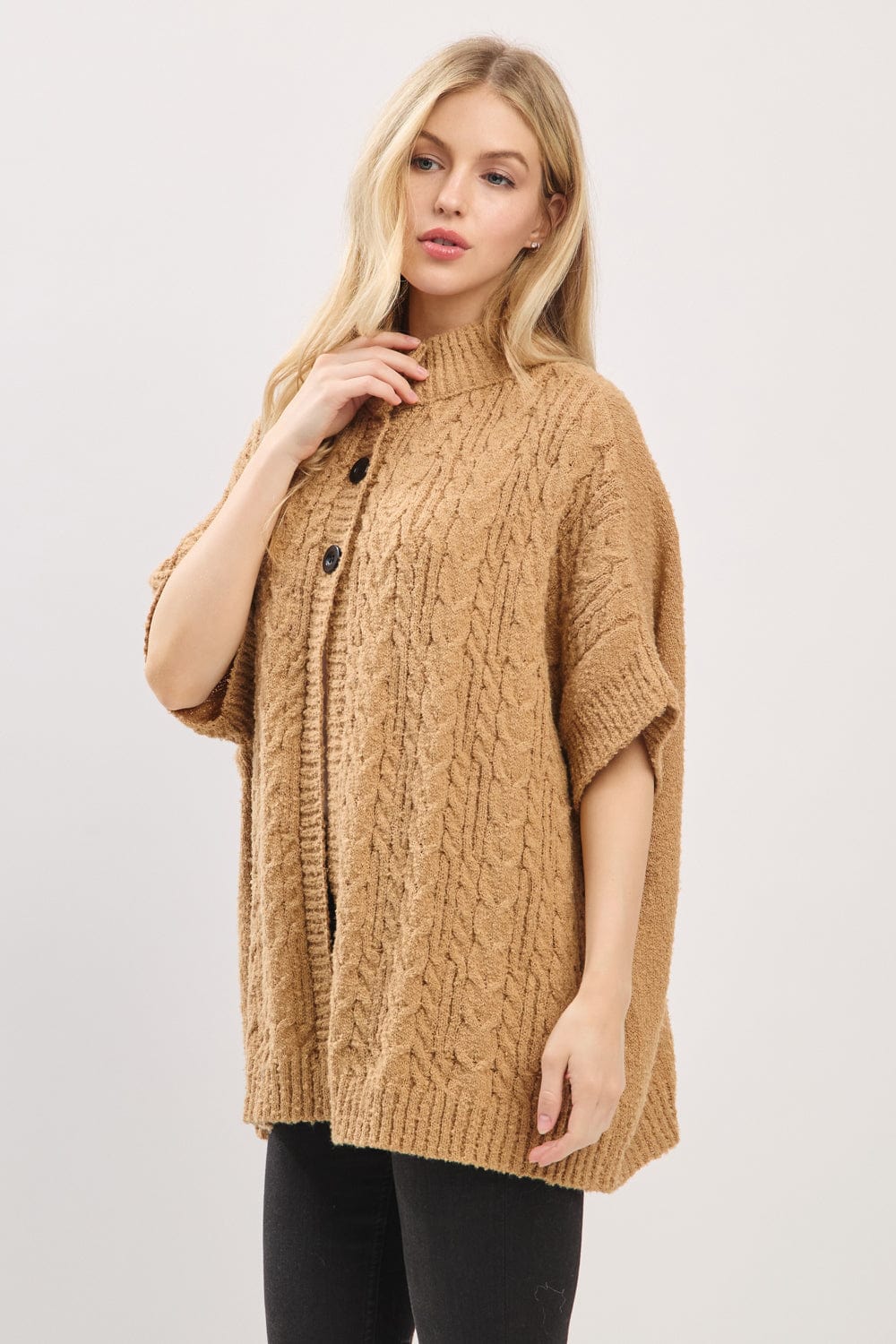 MS0463 Cable Knit Button Up Cape - MiMi Wholesale