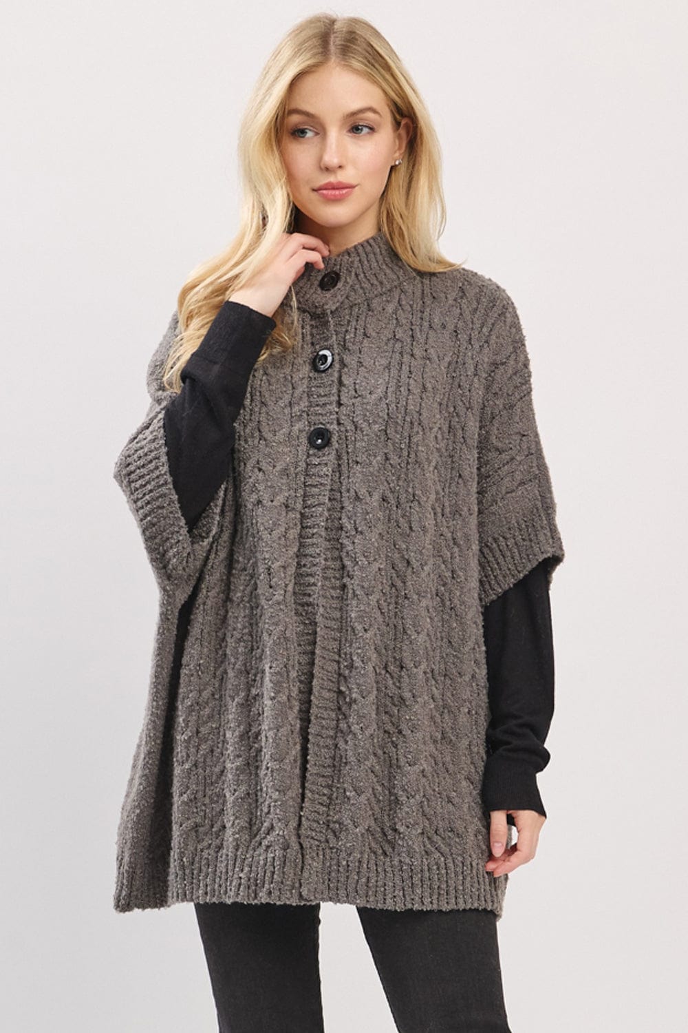 MS0463 Cable Knit Button Up Cape - MiMi Wholesale
