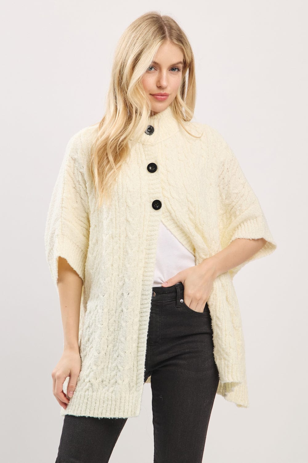 MS0463 Cable Knit Button Up Cape - MiMi Wholesale