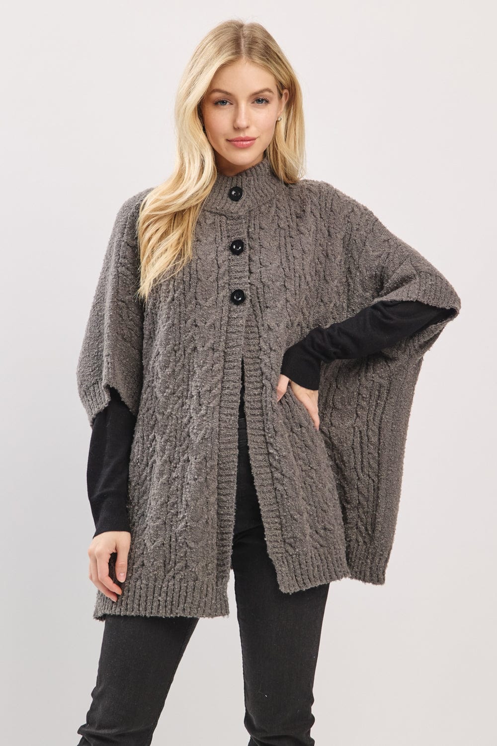 MS0463 Cable Knit Button Up Cape - MiMi Wholesale