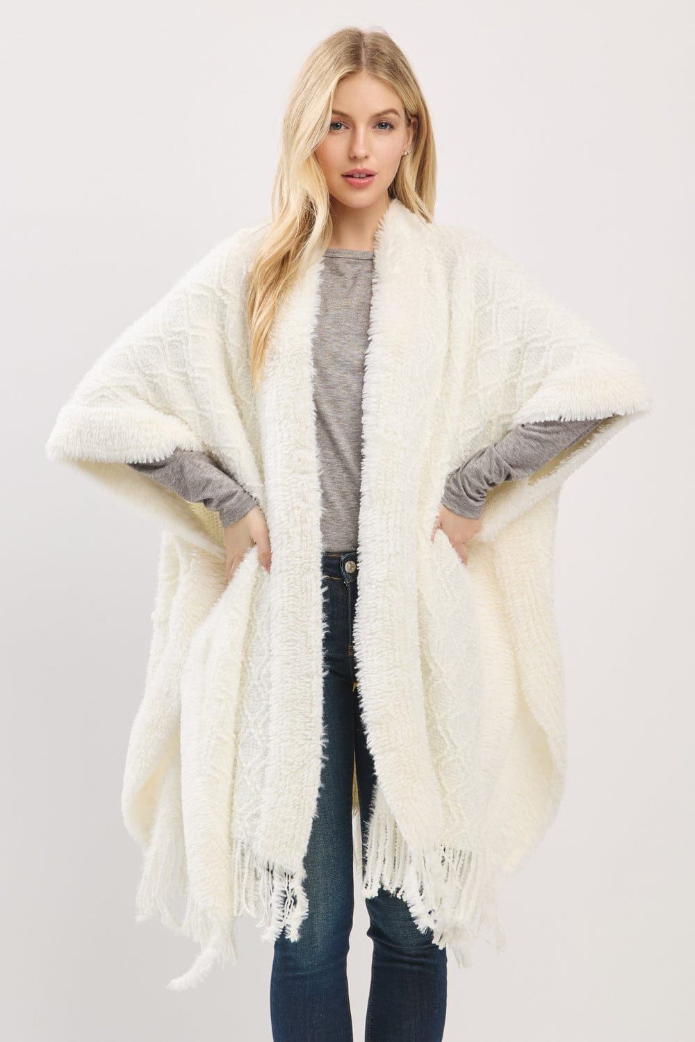 MS0465 Boucle Knit Soft Drape Fringe Shawl - MiMi Wholesale