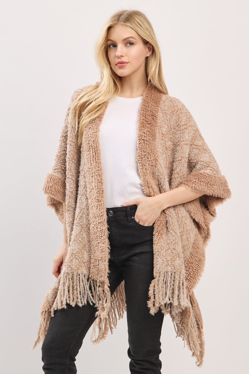 MS0465 Boucle Knit Soft Drape Fringe Shawl - MiMi Wholesale