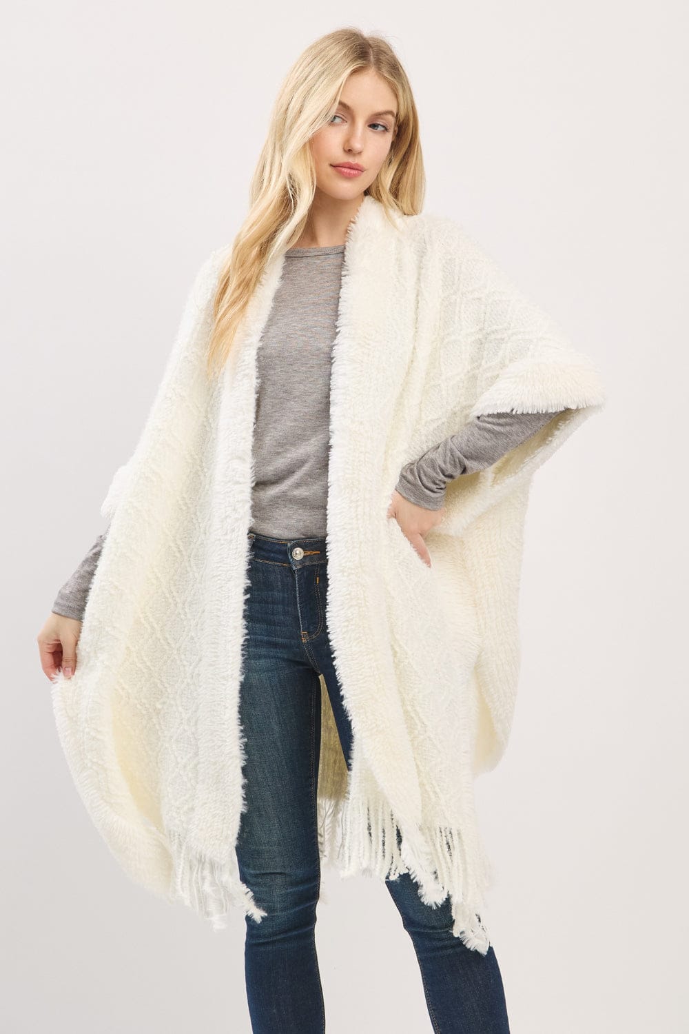 MS0465 Boucle Knit Soft Drape Fringe Shawl - MiMi Wholesale