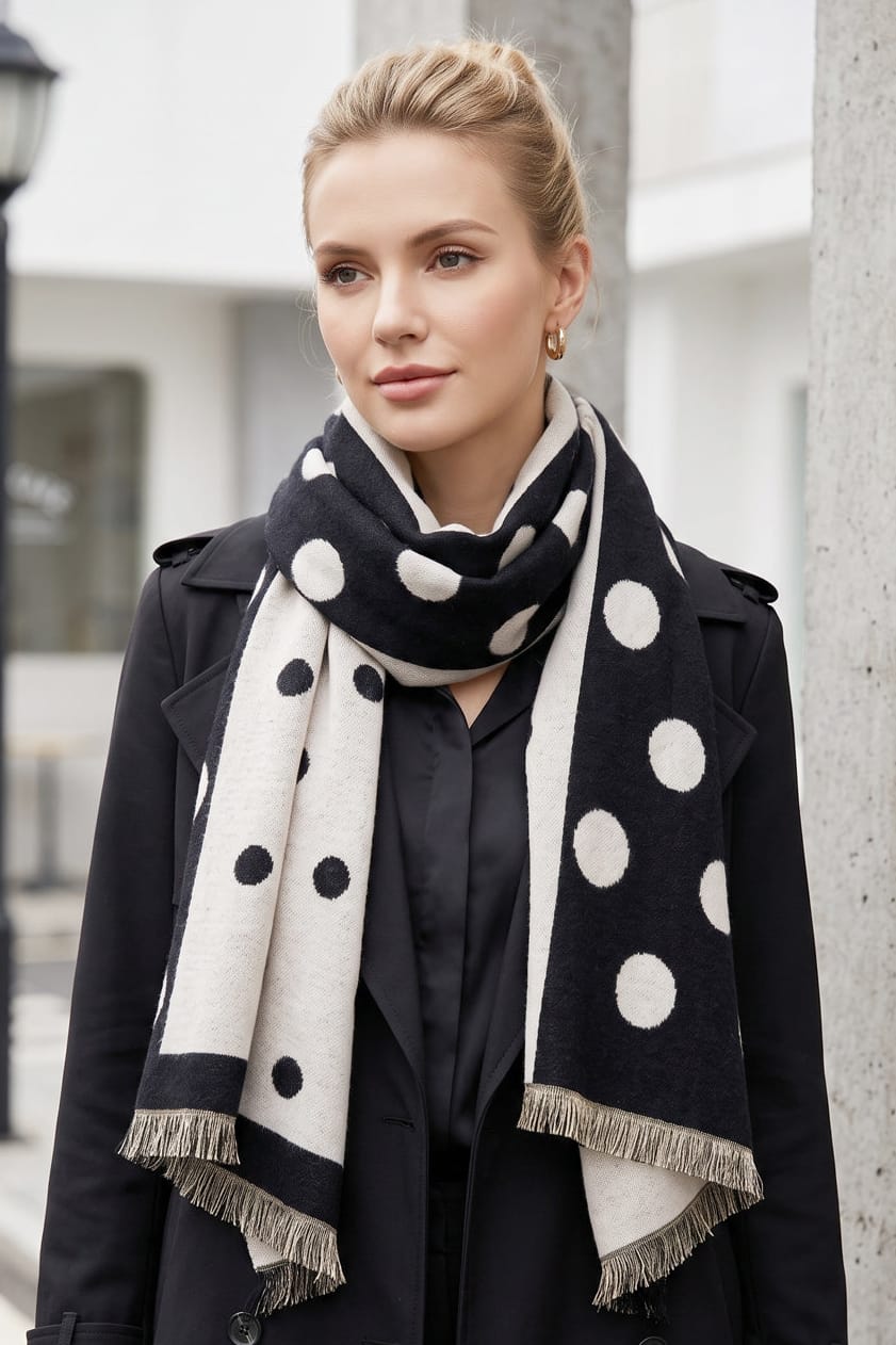 MS0494 Polka Dots Reversible Fringe Scarf Wrap - MiMi Wholesale