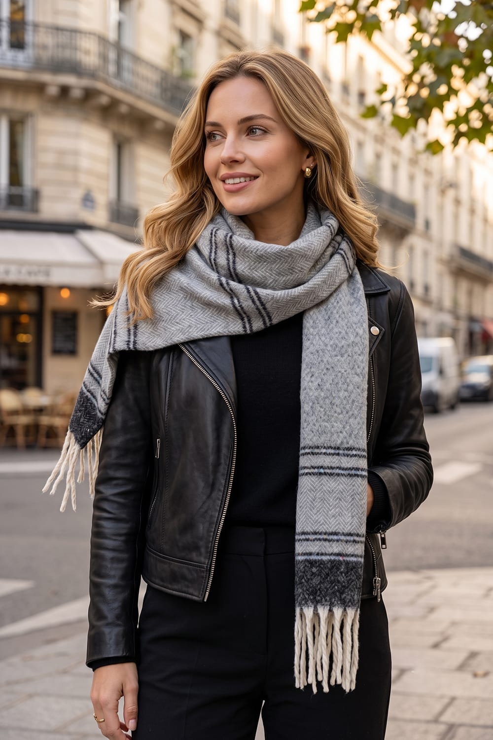 MS0497 Herringbone Brushed Fringe Scarf w/ Color-Flecked stipes - MiMi Wholesale