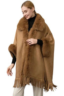 P6116 Clara Faux Fur Trim Poncho With Fringe - MiMi Wholesale