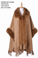 P6116 Clara Faux Fur Trim Poncho With Fringe - MiMi Wholesale