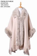 P6116 Clara Faux Fur Trim Poncho With Fringe - MiMi Wholesale