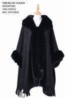 P6116 Clara Faux Fur Trim Poncho With Fringe - MiMi Wholesale
