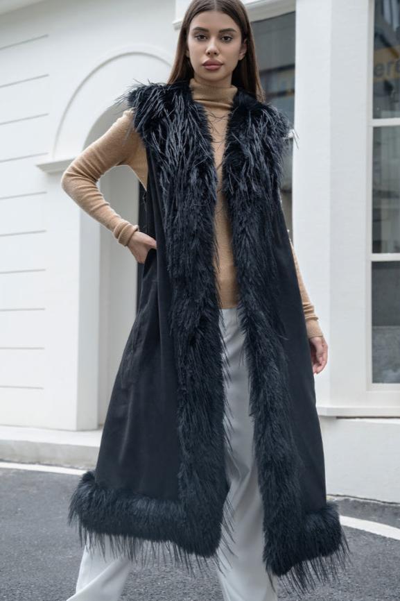 P6160 Shaggy Faux Fur trim Long Vest - MiMi Wholesale