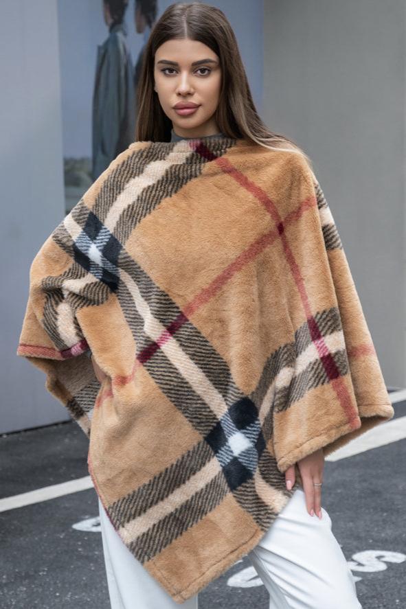 P6175 Plaid Fur Poncho Cape - MiMi Wholesale