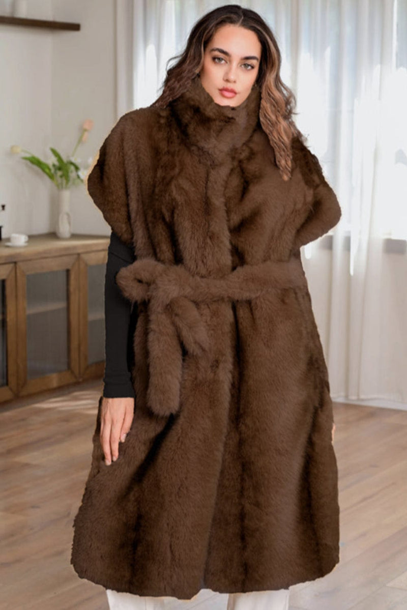 P6198 Fur Long Vest With Waist Tie - MiMi Wholesale