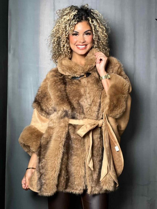 P6199 Vegan Suede Belted Fur Cape - MiMi Wholesale