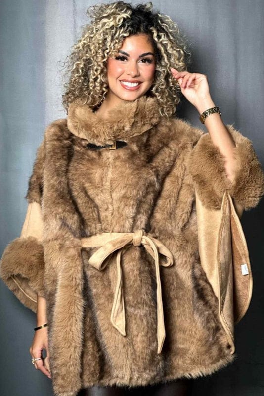 P6199 Vegan Suede Belted Fur Cape - MiMi Wholesale