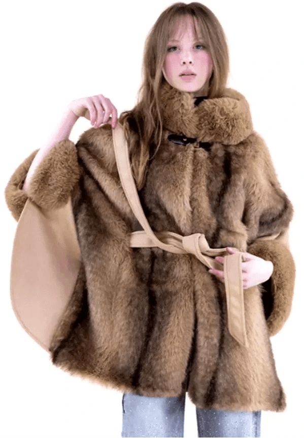 P6199 Vegan Suede Belted Fur Cape - MiMi Wholesale
