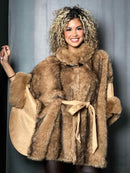 P6199 Vegan Suede Belted Fur Cape - MiMi Wholesale