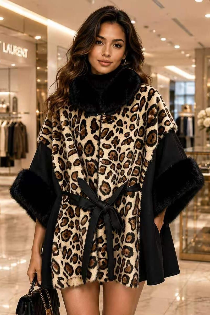 P6227 Naomi Leopard Faux Fur Trim Poncho - MiMi Wholesale