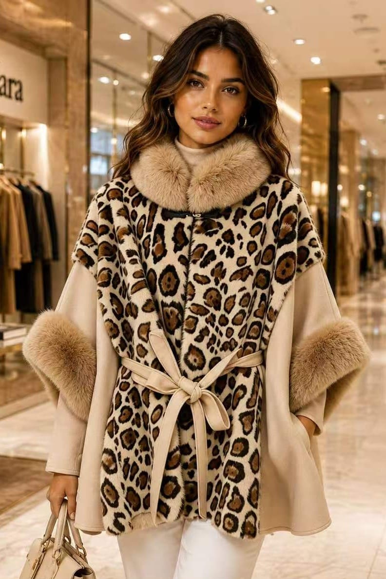 P6227 Naomi Leopard Faux Fur Trim Poncho - MiMi Wholesale