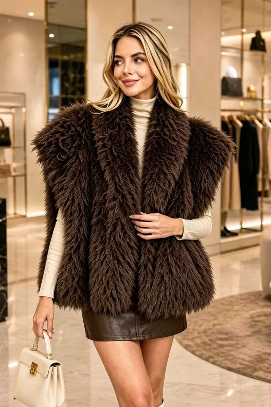 P6229 Isabella Shaggy Faux Fur Cap Sleeve Vest - MiMi Wholesale