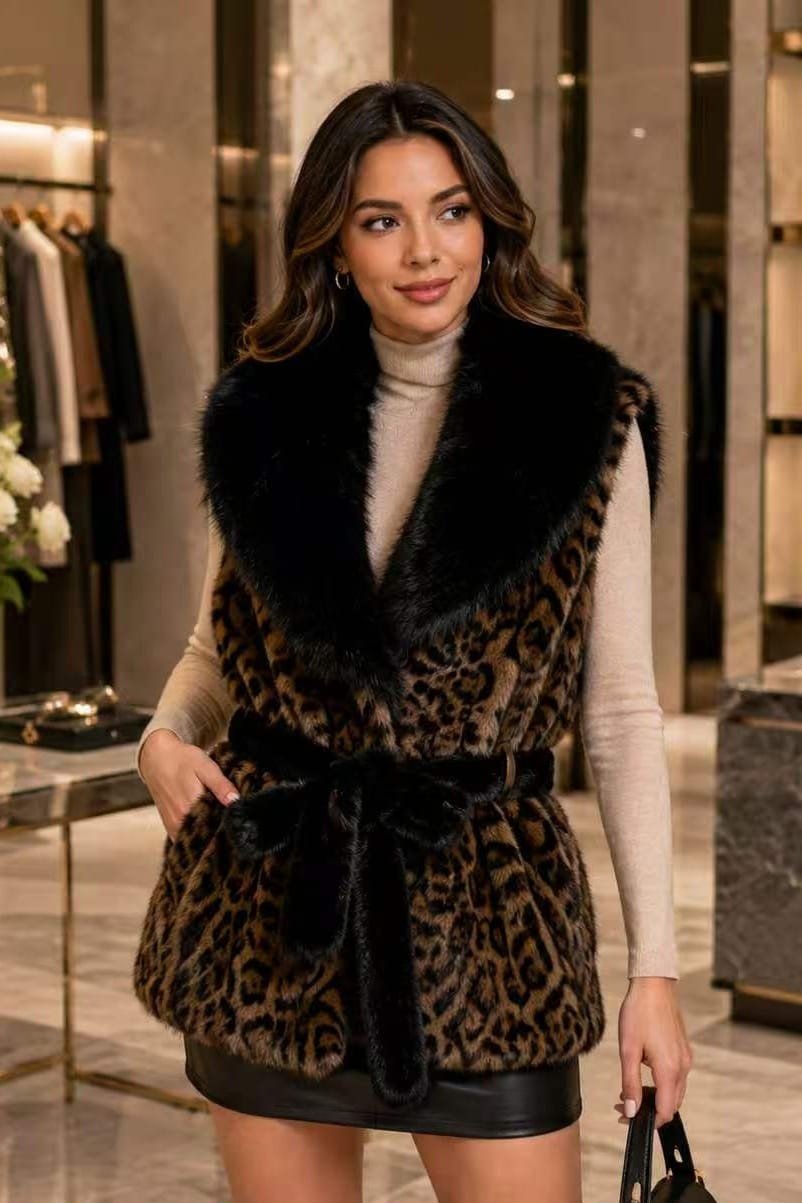 P6231 Sophia Leopard Belted Faux Fur Vest - MiMi Wholesale