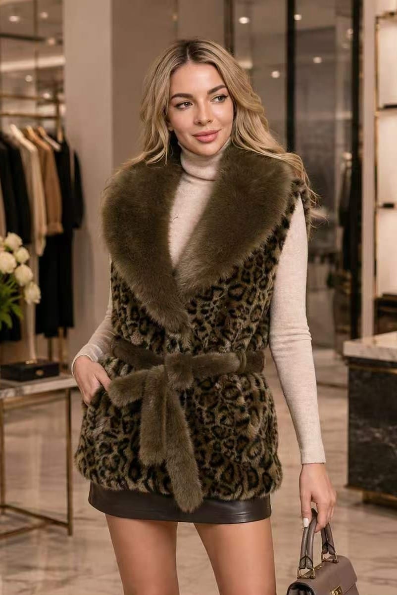 P6231 Sophia Leopard Belted Faux Fur Vest - MiMi Wholesale