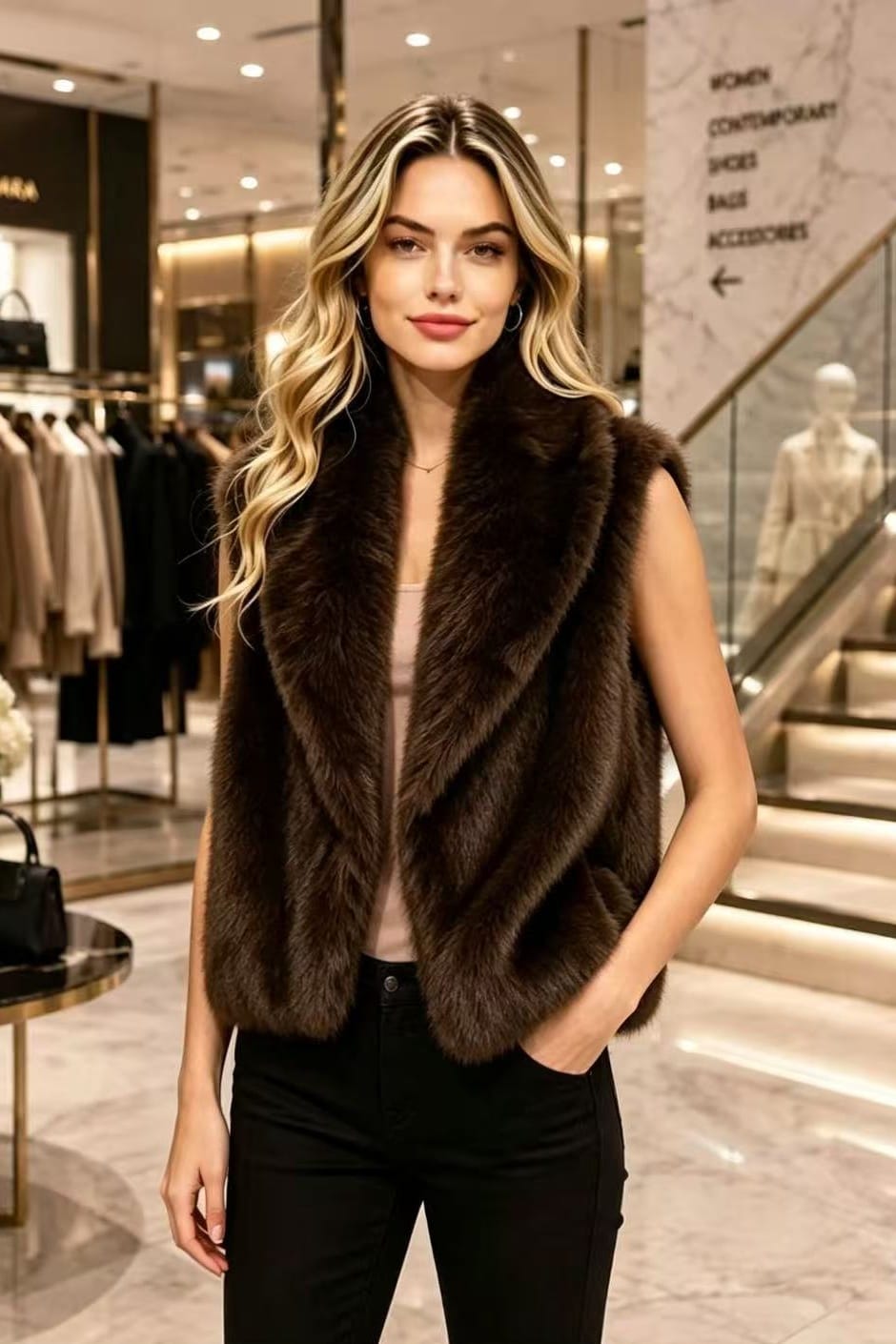 P6232 Chloe Shawl Collar Faux Fur Vest - MiMi Wholesale