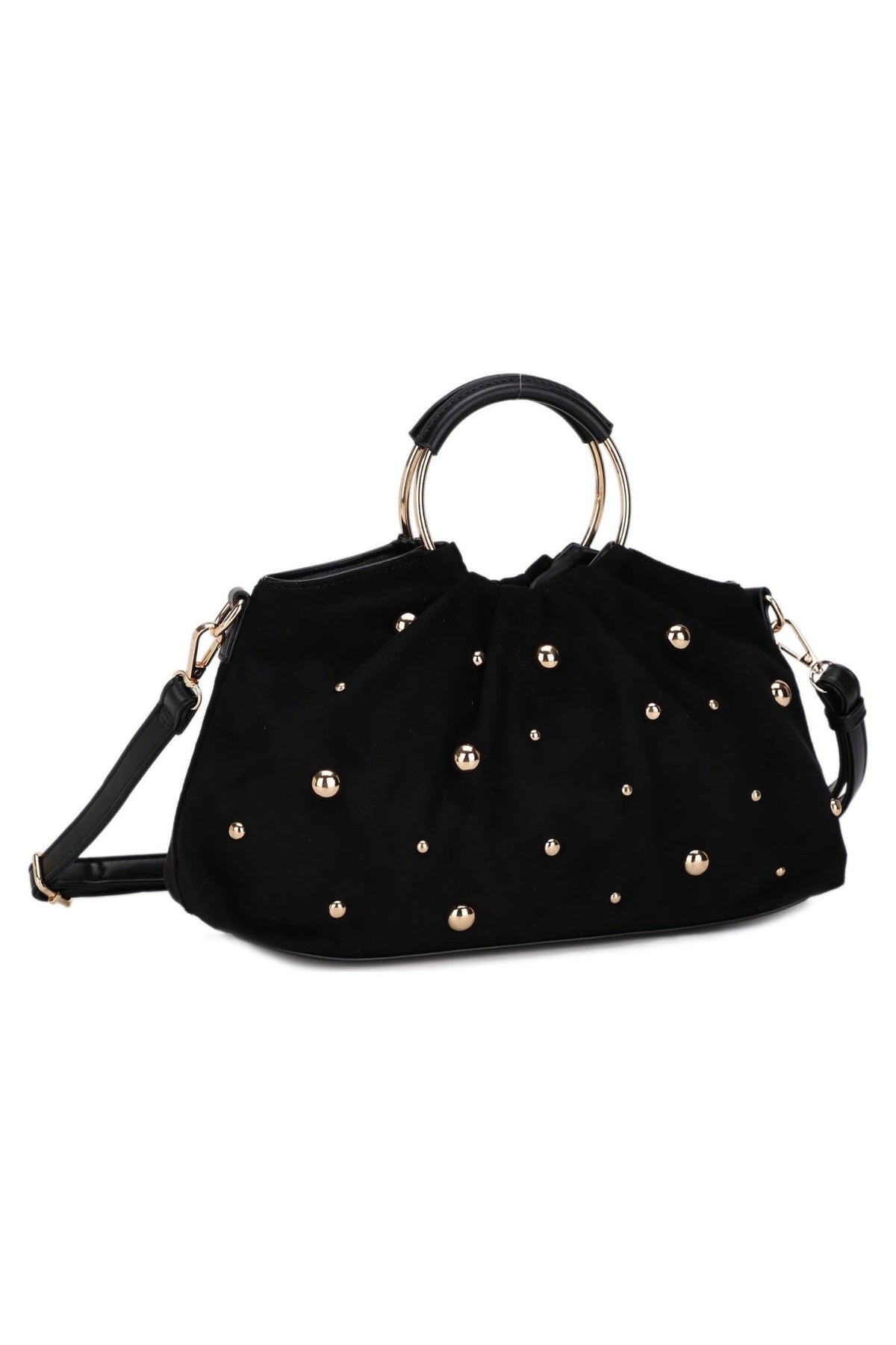PA16785 Audrey Suede Studded Ring Handle Satchel - MiMi Wholesale